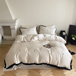 风宅寂轻奢夏季60支天丝黑色爱心刺绣四件套冰丝滑凉感床单被套