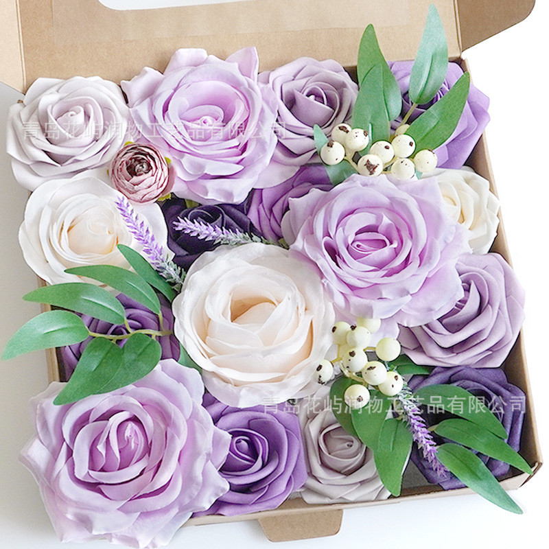 新款仿真花花头带杆淡雅盒装紫色diy手捧花欧式婚礼装饰花