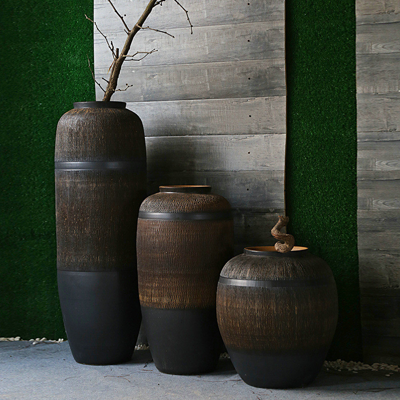 景德镇大号落地陶瓷花瓶三件套橱窗餐厅酒店民俗摆件装饰品陶罐盆