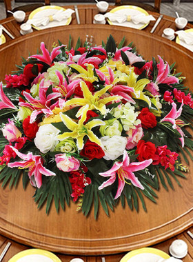 餐桌摆件假花饭店餐厅装饰品摆花电动转盘桌花酒店大餐桌花仿真花