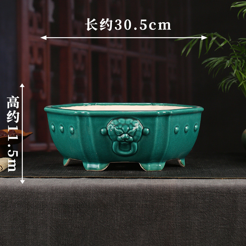 张治诚精品紫砂浮雕彩绘盆景批发六方鼓丁兽头多肉花盆ydfd07