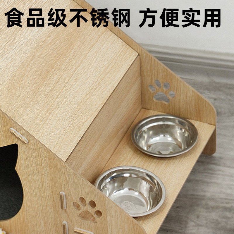 四季保暖猫窝猫床定制一体屑猫抓板不掉带猫碗木质猫别墅猫咪繁育