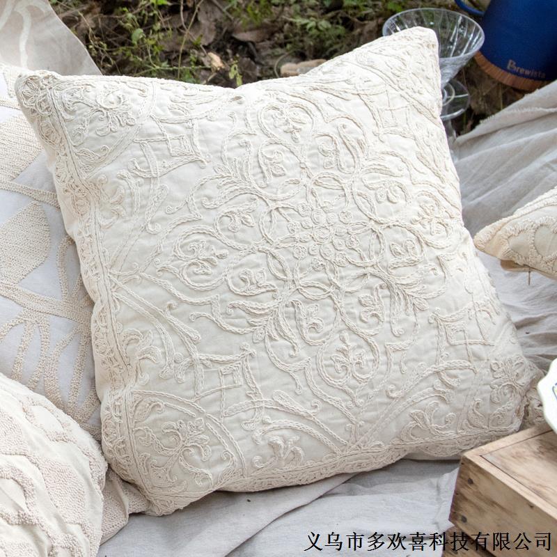 北欧米色现代盘全麻线绣美式花抱枕套亚麻刺绣沙发靠垫靠枕花抱枕