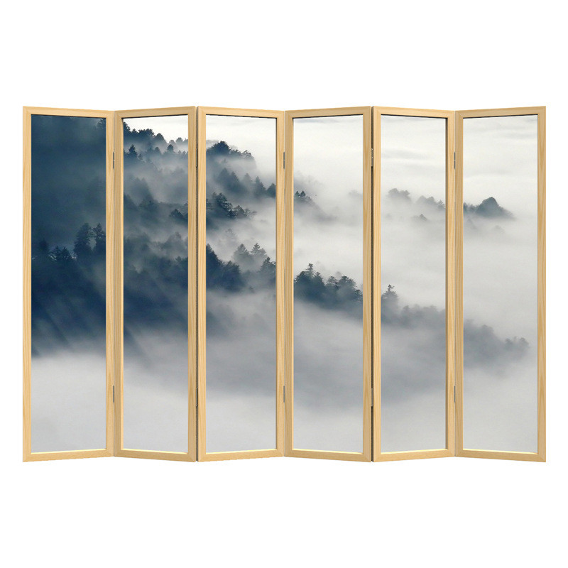 实木折叠移动中式屏风布艺大堂装饰玄关折屏酒店隔断挡云雾远山