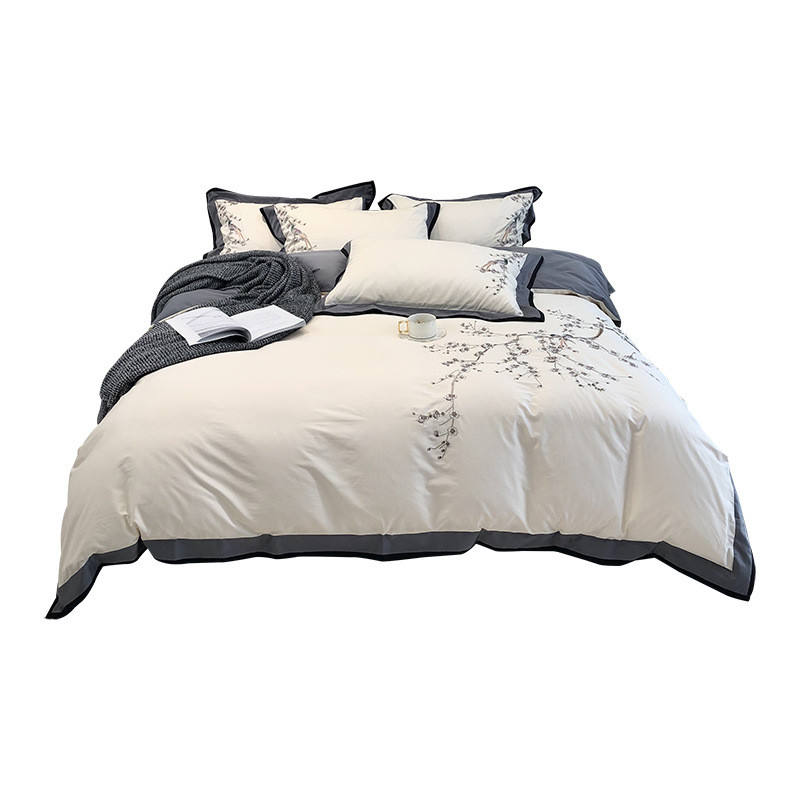 e0pb批发新中式100全棉长绒棉四件套古典花卉刺绣宽边被套柔软支