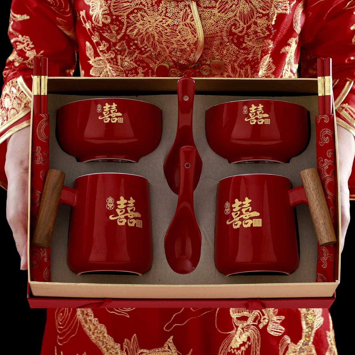 中式新人喜庆茶杯敬茶杯套装陶瓷红釉婚庆婚礼用品大红色敬茶批发