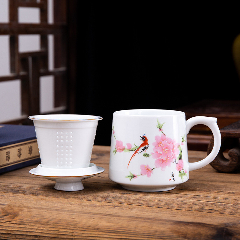 水点桃花过滤杯茶水分离陶瓷茶杯带过滤大号家用办公室大容量瓷杯