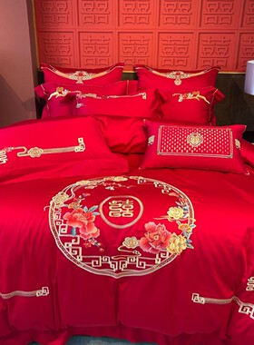 婚嫁四件套新中式婚庆全棉结婚床上六件套大红色新婚床品喜被婚床