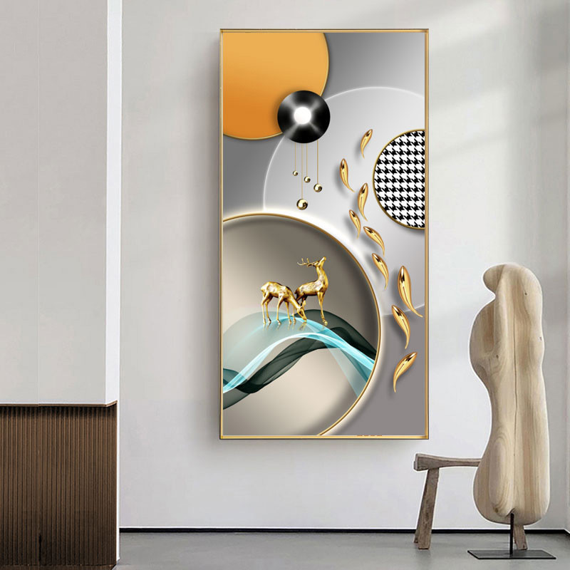 九鱼图玄关画入户画客厅挂画现代轻奢装饰画过道竖版走廊大气壁画