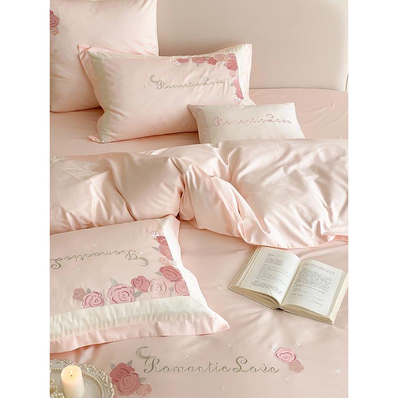 iyr7被套100支双股长绒棉四件套浪漫玫瑰刺绣少女心柔软全棉床上