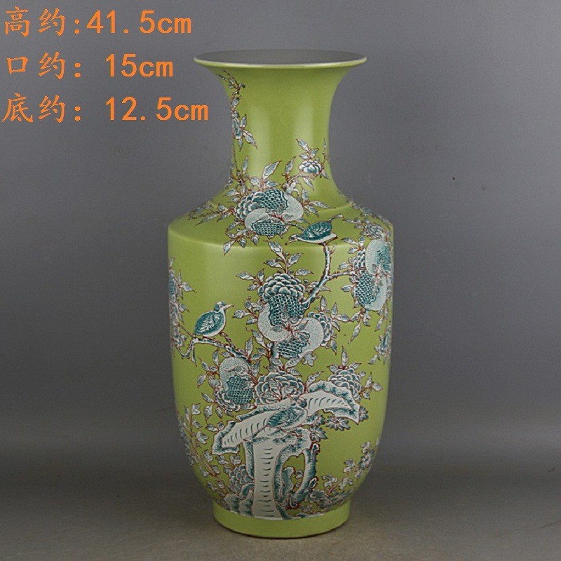 清康熙绿釉粉彩花鸟石榴纹冬瓜瓶官窑仿古瓷器古玩古董收藏摆件