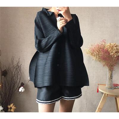 2021春季洋气时尚小外套衣尚褶皱风琴褶上衣宽松港味衬衫女