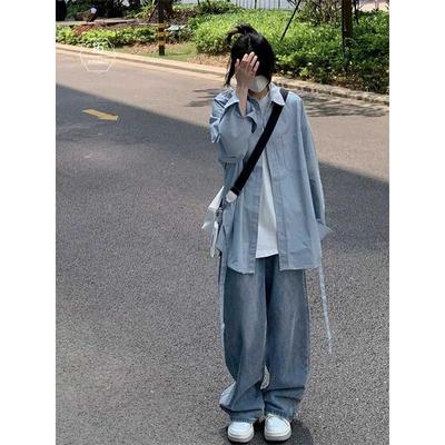 日系浅蓝色衬衫男春秋复古港风飘带设计感上衣宽松垂感情侣装新款