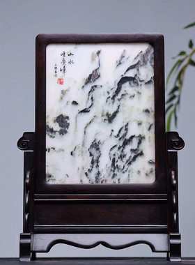 老挝大红酸枝镶嵌云石插屏实木古董砚屏红木古典台屏复古石画屏风