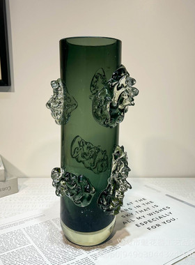 创意手工墨绿琉璃花瓶家居艺术艺术展示摆件样板间酒店办公室插花