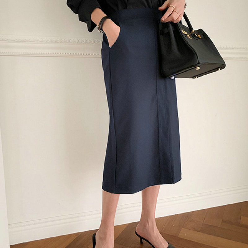 春夏面料黑色前开叉直筒宽松一步裙中长款女包臀裙