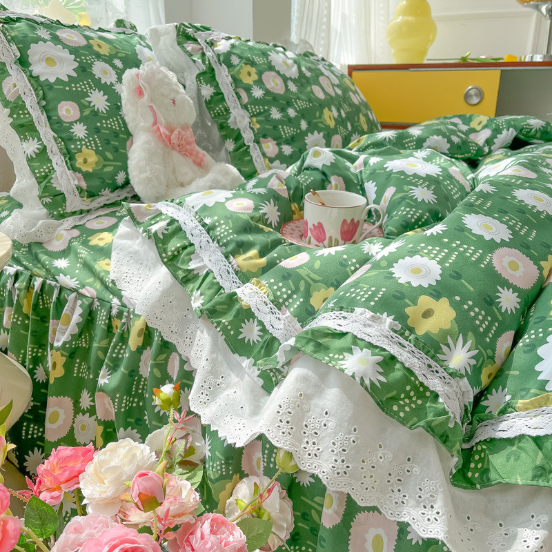 tuf4全小碎花清新水洗棉床裙款床罩床上四件套蕾丝被套少女心床品