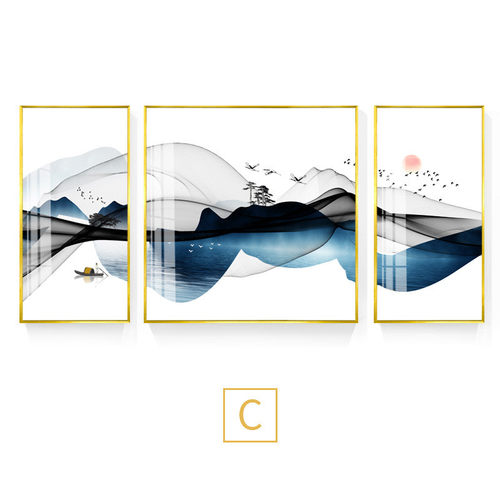 新中式客厅装饰画靠山招财山水茶室四联壁画挂画背景现代简约沙发