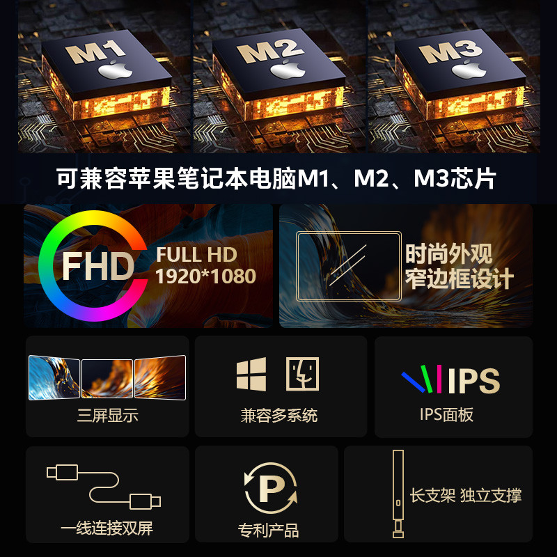 华视迅便携显示器一线双屏笔记本副屏外接显示分屏炒股三联扩展屏
