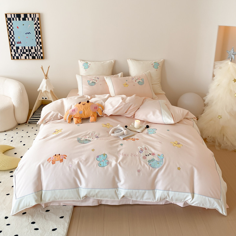 可爱小狗100支绣花儿童萌趣长绒棉四件套裸睡床单被套床上用品