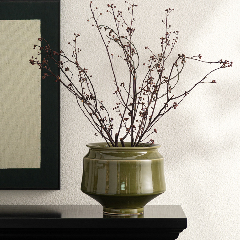 热销匠十三新中式墨绿色花瓶陶瓷器青瓷仿古摆件客厅电视柜插花中