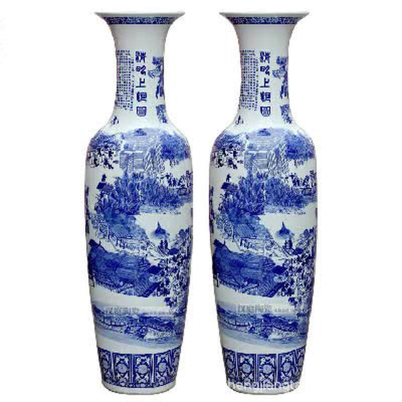 景德镇青花瓷陶瓷器客厅大瓶子创意清明上河图落地插花装饰品摆件