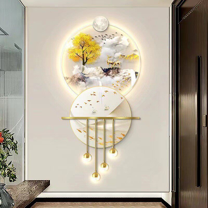 轻奢招财福鹿挂画抽象进门入户壁画发光壁饰玄关装饰画大气带灯画