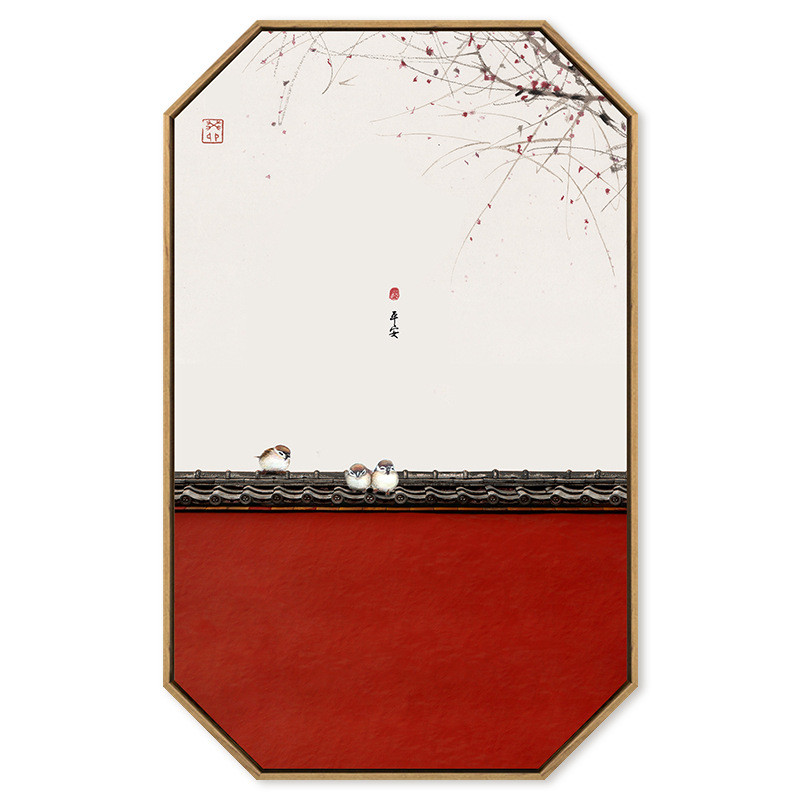 新中式沙发背景墙装饰画中国风禅意茶室国画客厅玄关挂画竖八边形
