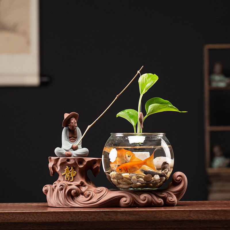 陶瓷小花瓶姜太公钓鱼植物玻璃容器水培花盆绿萝翁中式茶桌面摆件