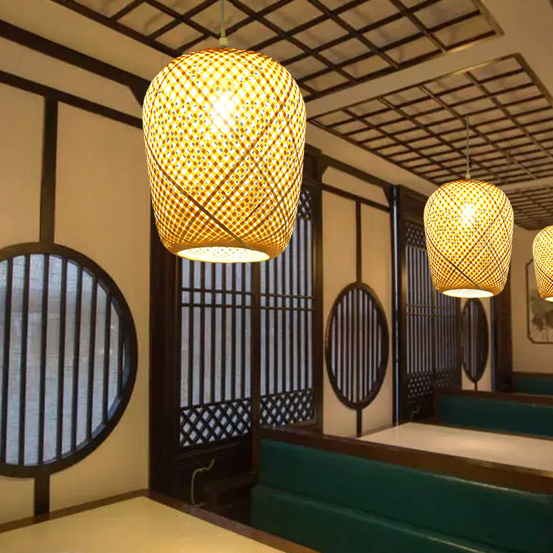 竹艺竹编灯笼新中式简约田园餐厅民宿卧室阳台东南亚复古灯罩吊灯