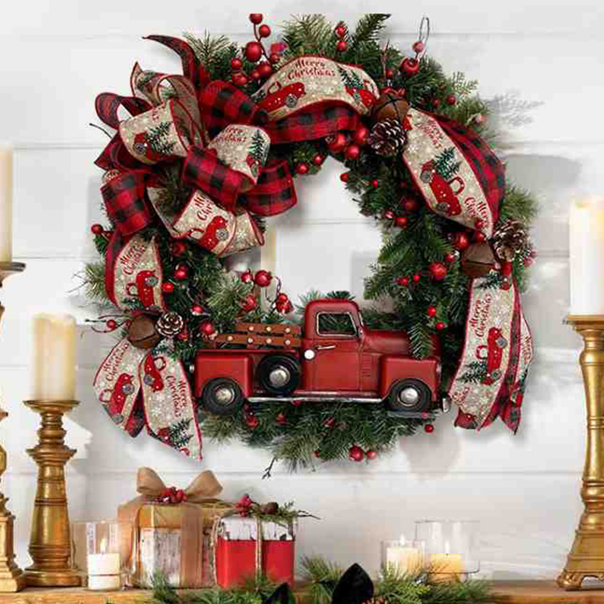 圣诞卡车红色新品圣诞装饰品花环卡车花环橱窗门挂场景布置道具