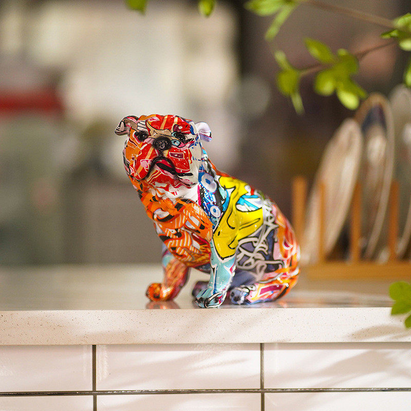 创意北欧炫彩水转印斗牛犬雕像动物装饰品摆件家居客厅玄关树脂