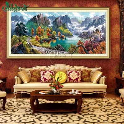 热销青流水生财十字绣精准印布飞江山如画聚宝盆江南水乡客厅装饰