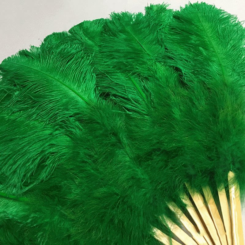 【厂家批发】十三扇骨酒吧羽毛扇墨绿色可用舞蹈鸵鸟表演装饰扇子