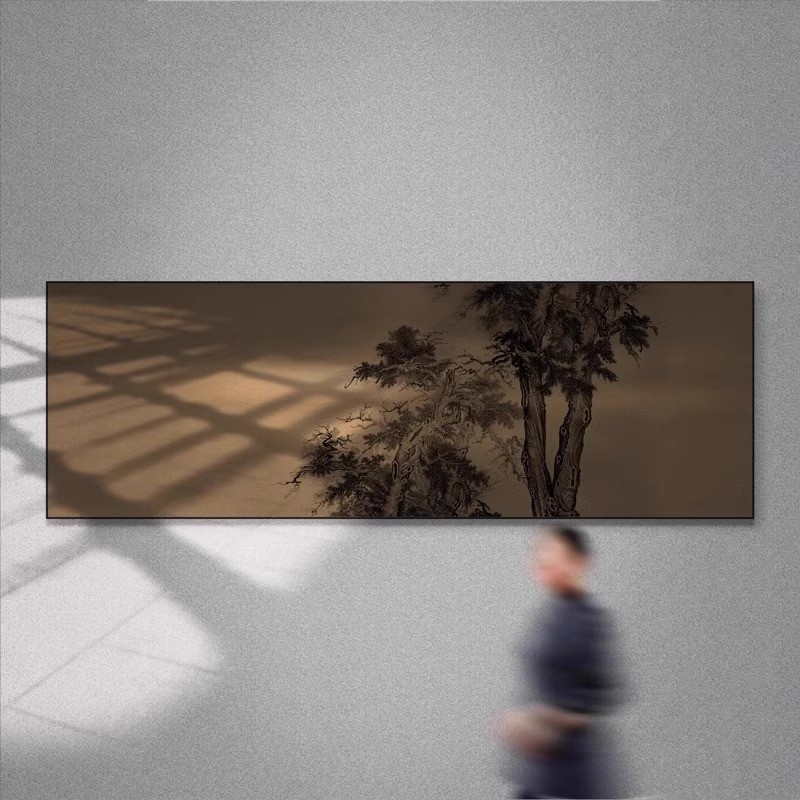 茶室大厅禅意山水挂画新中式客厅意境壁画酒店会所横版松树装饰画图片