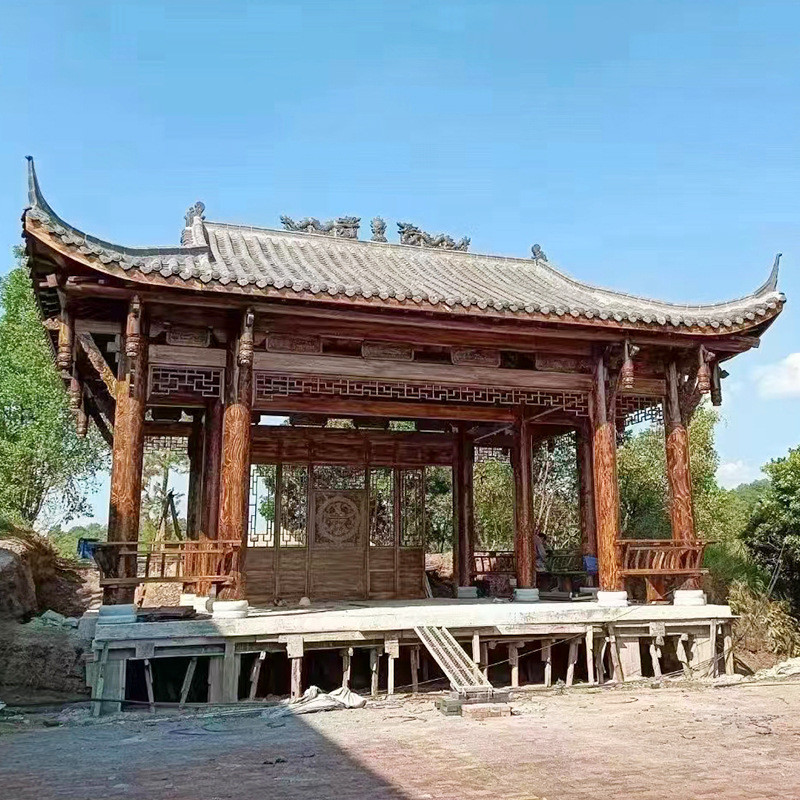 热销大型防腐木戏台户外古建水榭实木亭子仿古长廊景区门楼庭院凉