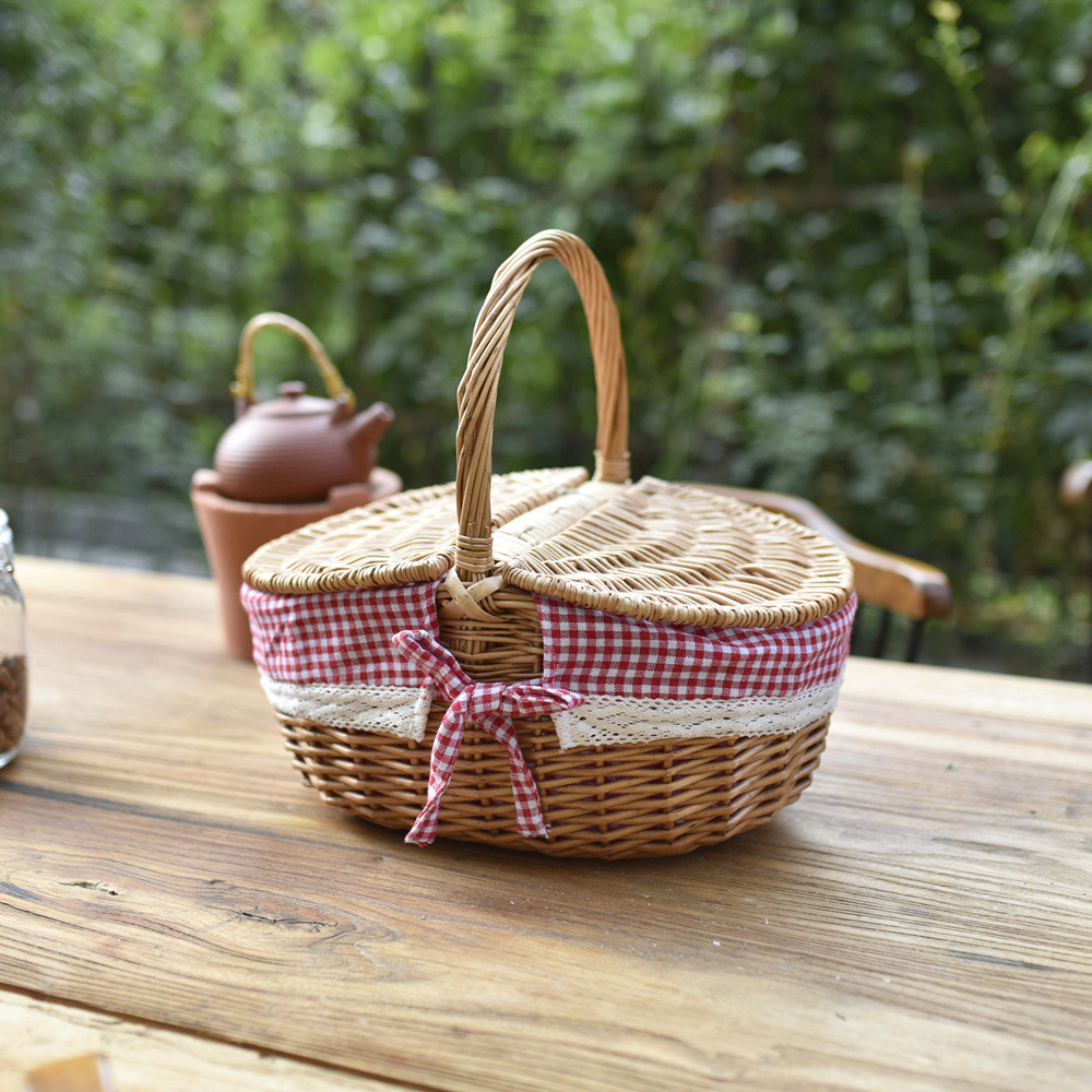 春游户外野餐篮柳编藤编草编带盖手提篮子大号购物采摘收纳篮