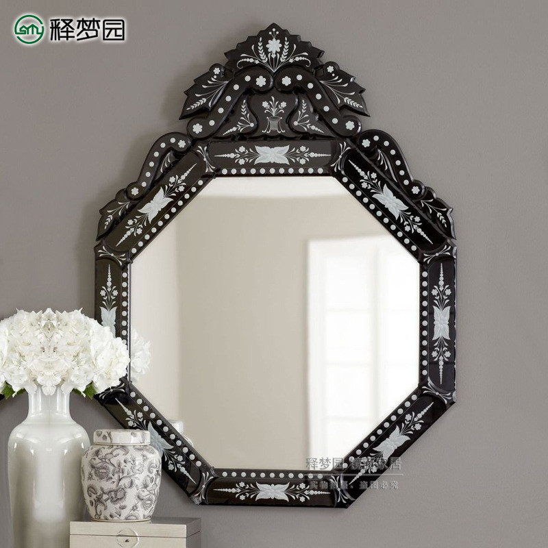 欧式新古典雕花镜卫生间浴室梳化妆镜玄关装饰挂墙镜艺术镜子2178