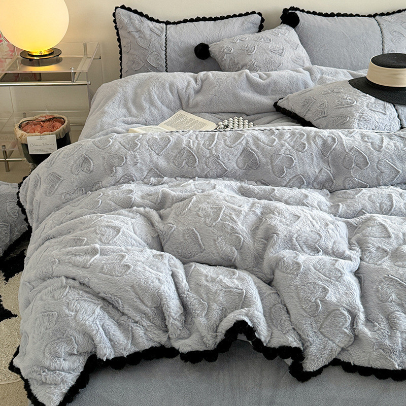 轻奢法式白色兔兔绒四件套公主风双面冬季被套床单毛绒被罩床品