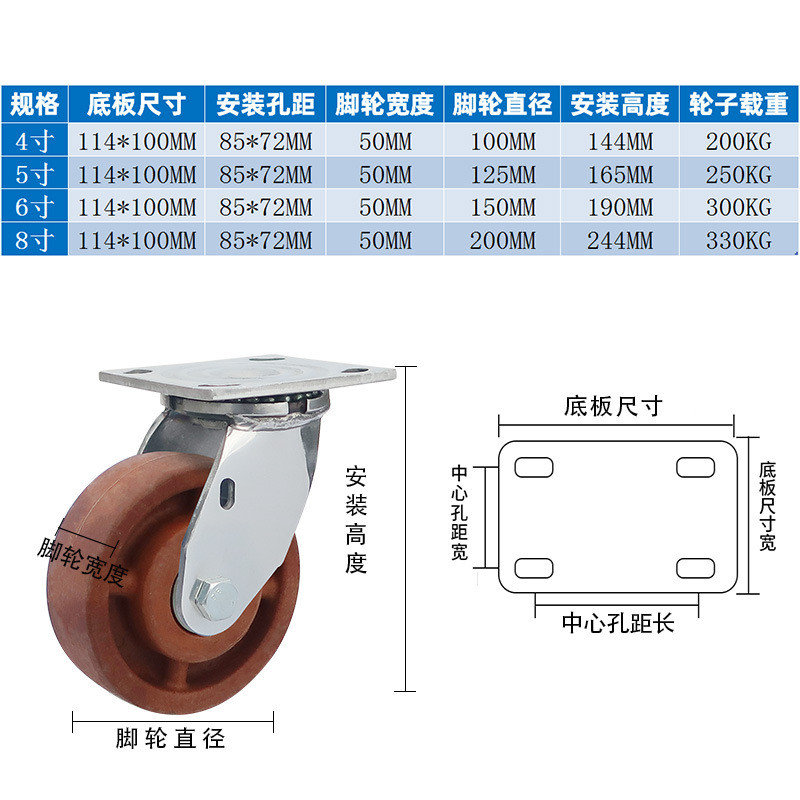 直销304不锈钢耐300度高温脚轮4带5寸6寸8寸烤箱推车万向寸刹车轮