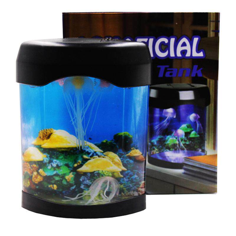 创意水族led变色水母鱼缸观赏造景亚克力迷你桌面水族箱圣诞礼品