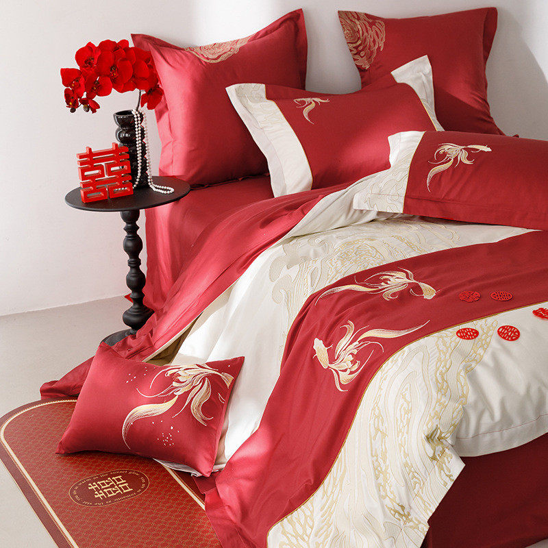 新中式红色婚庆100s长绒棉四件套古典刺绣被套全棉结婚床上用品,床上用品,床品套件/四件套/多件套,淘宝优惠券,粉丝福利购,淘宝优惠卷