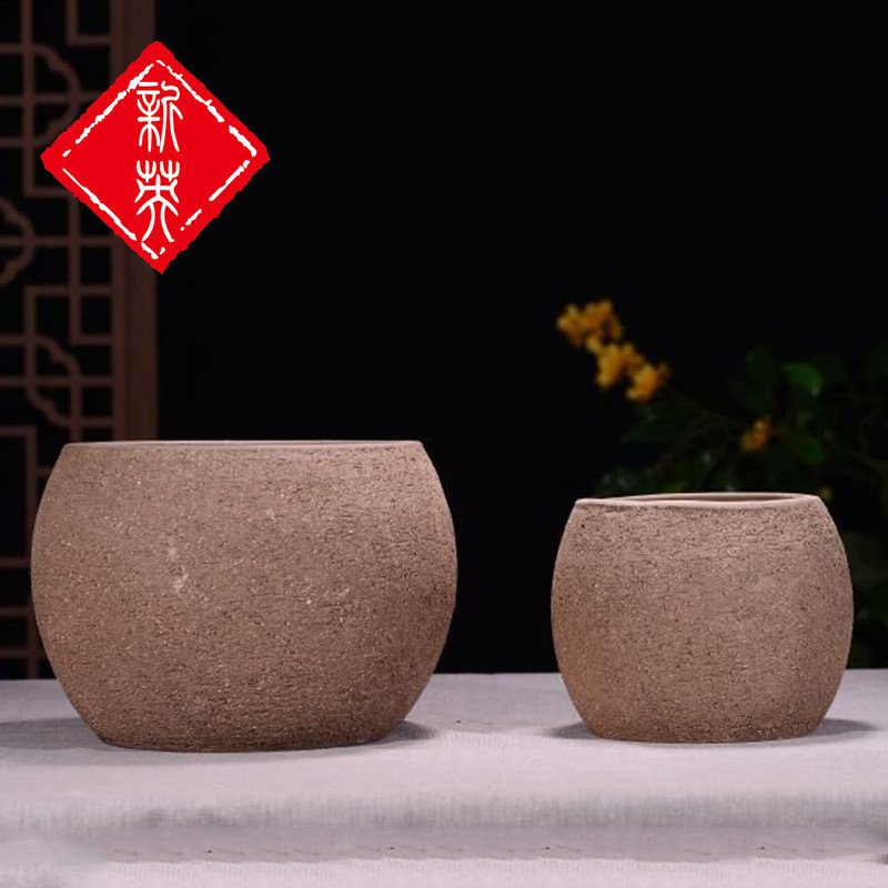 宜兴紫砂欧美复古绿植花盆粗陶田园陶浪漫素幽静拉毛紫砂透气特大