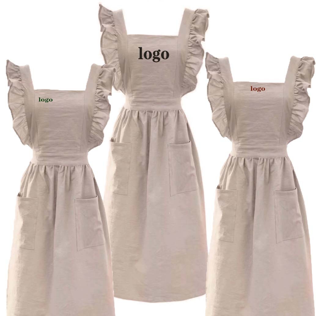 外贸棉麻围裙棉荷叶边花边可印logo日系韩版花艺茶点工作围裙