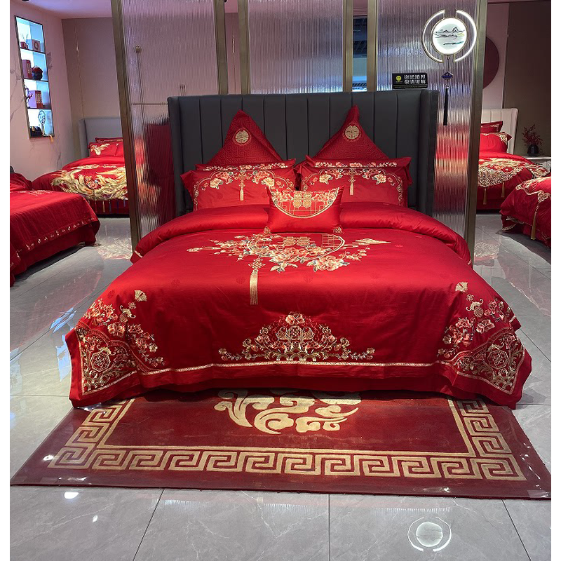 1VPR140s支长绒棉婚庆四件套大红色龙凤婚房喜被子结婚四六十件套