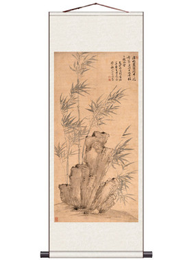 s83v批发国画竹子翠鸟仿古板桥茶楼装饰丝绸画挂画卷轴画竹字条幅