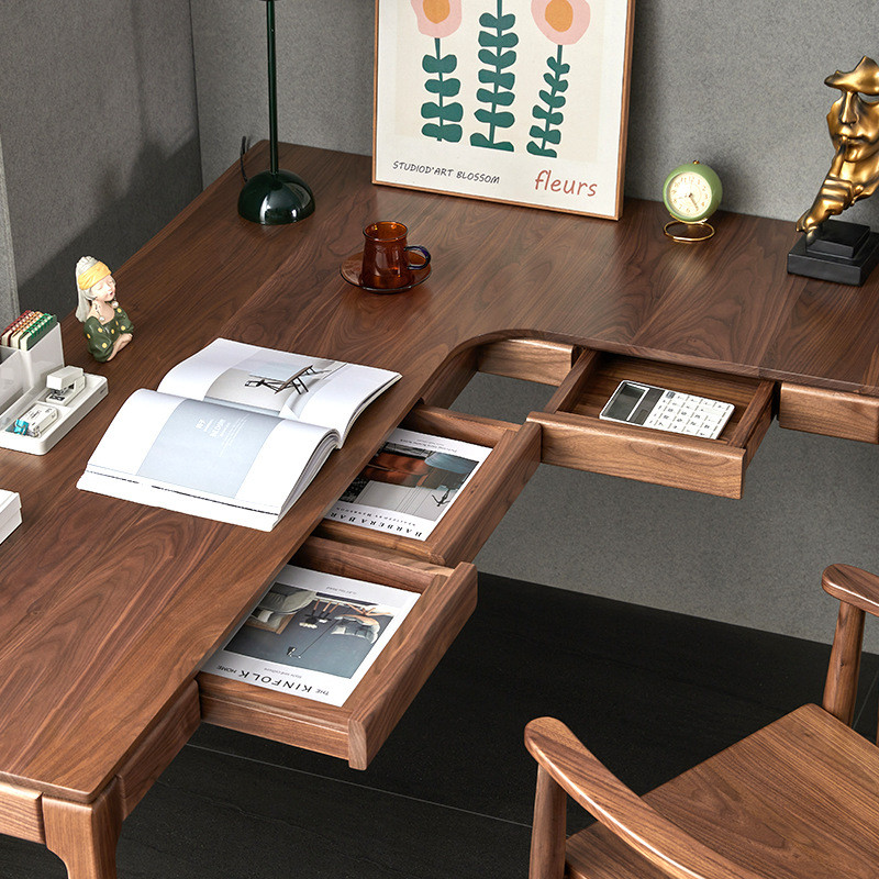 北美黑胡桃木转角书桌北欧l型长条拐角橡实木办公电脑桌白学习桌