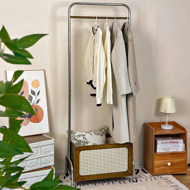 中古藤编实木挂衣架落地卧室床头储物柜侘风寂多功能换鞋凳衣帽架