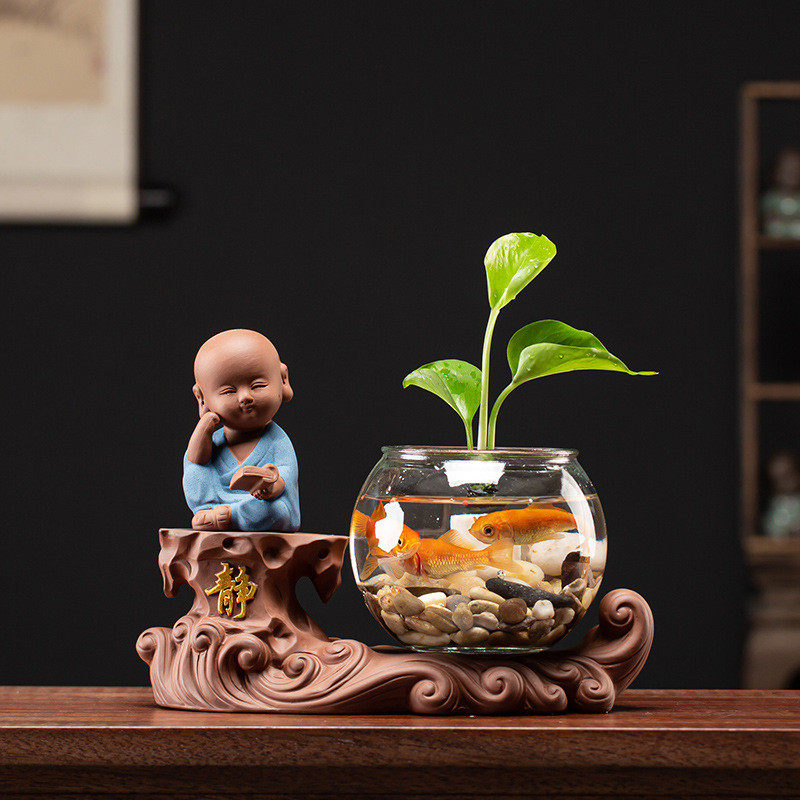 陶瓷小花瓶姜太公钓鱼翁玻璃容器水培花盆绿萝植物中式茶桌面摆件