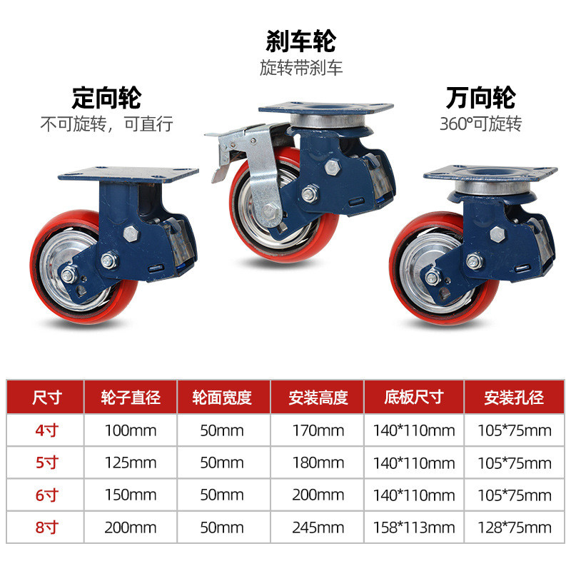 热销重型双弹簧减震脚轮4568寸铁芯聚氨酯PU带胶块刹车牵引万向轮